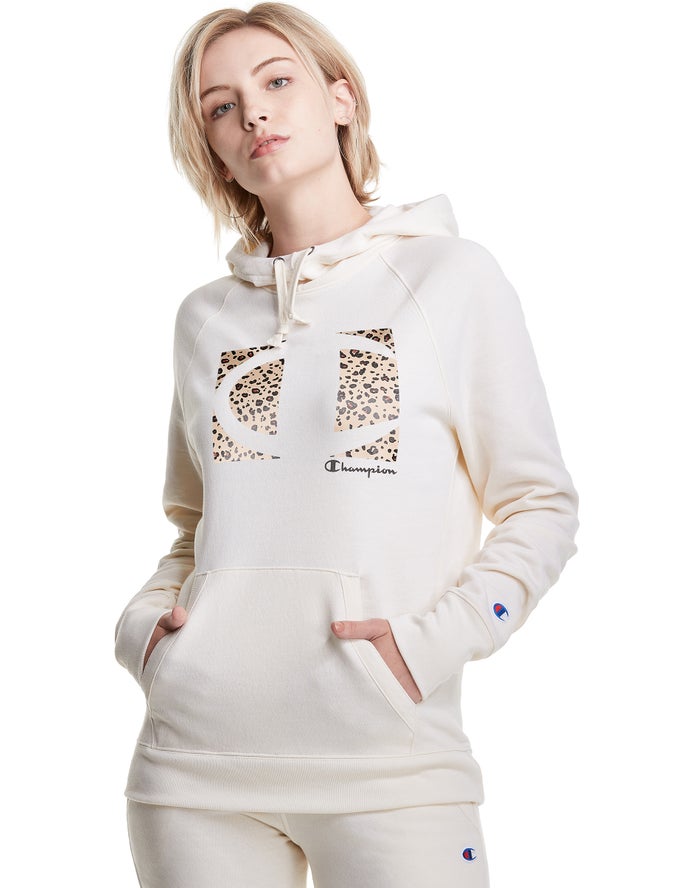 Champion Powerblend Fleece Leopard Colorblock Logo Hoodie Dames - Wit - Belgie 8301SPIZW